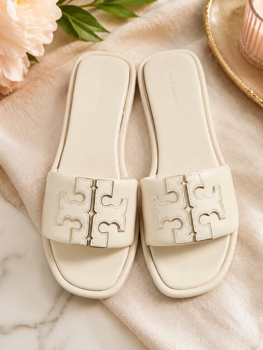 Tory Burch Double T Slides Light Cream/Gold